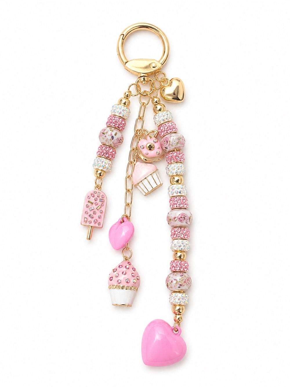 Pink Beaded Charm Keychain with Hearts & Sweets